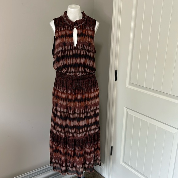 Evereve Gretta Midi Dress Mock Neck Tiered Pockets Brown Black Mesh Sz XL NEW - Picture 4 of 14